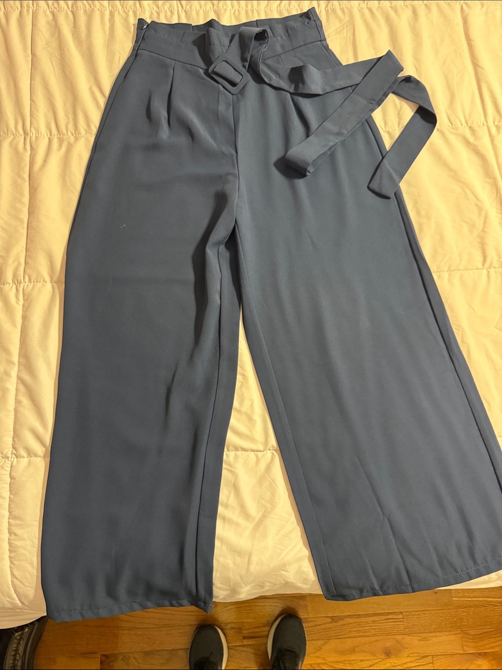 SHEIN Slate Blue High-Waist Wide Leg Pants with Self-Tie Belt
